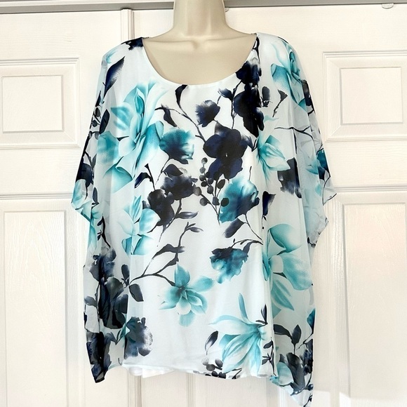 AVENUE Plus Two Layer Lined Top Short Sleeve Navy Turquoise Flowers on White NEW - Picture 1 of 6